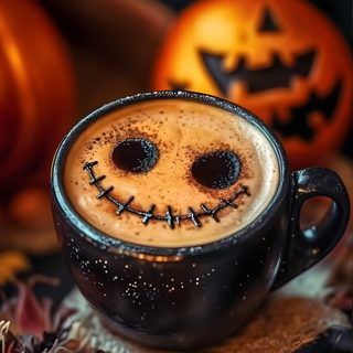 a cup of coffee decorated like a jack - o'- lantern sits in front of pumpkins Halloween Coffee Latte Art Halloween, Spooky Coffee Drinks, Thanksgiving Coffee, maroon
