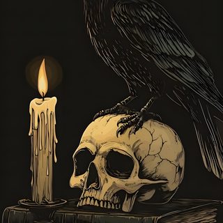 a crow sitting on top of a skull next to a candle Dark Gothic Halloween black