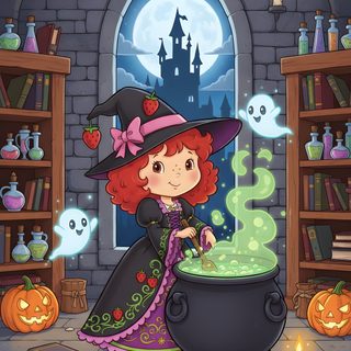 a little red haired girl dressed as a witch with a caulder full of green liquid Strawberry Shortcake Halloween Witch Halloween Cute, Halloween, Drawings, dim gray