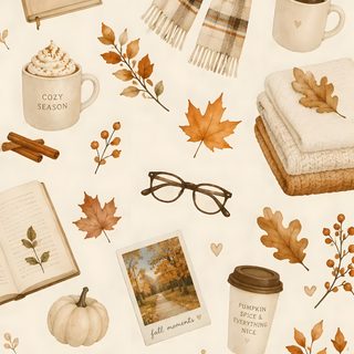 an image of fall items on a white background with autumn leaves and coffee mugs Fall/autumn Halloween Pumpkin Aesthetic antique white