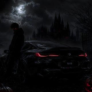 a man standing next to a car in front of a dark castle with red lights Bmw Halloween Gothic Halloween, Night Vibes, Red Eyes, Dark Aesthetic, Luxury Cars, Bmw, black