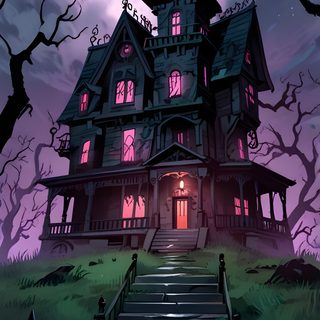 a creepy house with stairs leading up to it Halloween House Ideas Haunted House Colors, Scary Mansion, Spooky Mansion, dark slate gray