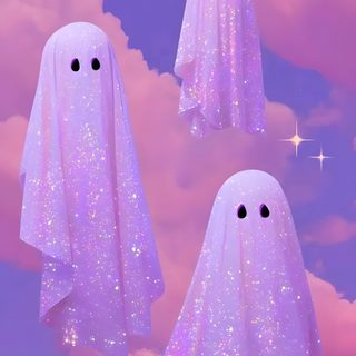 three ghost floating in the sky with stars Cute Halloween Purple Ghost Cute Halloween For Phone, Halloween Aesthetics, Spooky Iphone, medium orchid