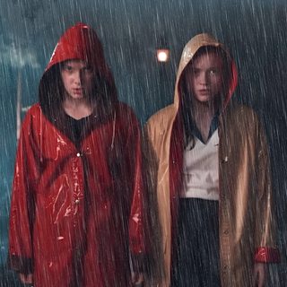 two young men walking in the rain with umbrellas over their heads and one man wearing a red jacket Matching Stranger Things And Halloween Characters Stranger Things Poster, Bobble Head, Stranger Things, dark slate gray
