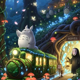 an anime scene with a train in the forest and totoro on the tracks Totoro Halloween Iphone Christmas, Studio Ghibli Christmas, Totoro 3d, dark slate gray