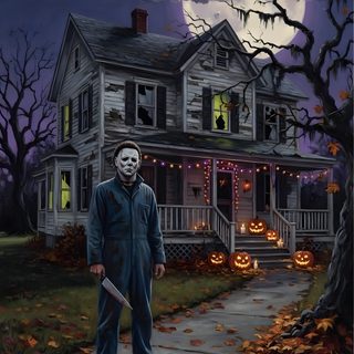 a painting of a man standing in front of a house with pumpkins on the ground Michel Myers Halloween Iphone 80s Horror Artwork, Michael Myers Art, Halloween Live, dark slate gray
