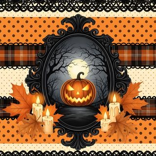 a halloween card with pumpkins and candles in the center on an orange, black and white striped background Halloween Celtic Tiles Custom Halloween Backdrop, Gothic Halloween, Art Prompts, Halloween, sienna