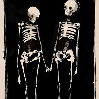 two skeletons standing next to each other holding hands Halloween Skeletons Arte Doodle, Image Halloween, Manifesti Grafici, Skeleton Art, Cool Art, Halloween, black