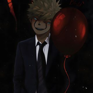 a man in a suit and tie holding a red balloon Bakugou Halloween My Hero Academia Bakugo Villain, Bakugo In Squid Game, Fanart Kacchan Villano Fanart, black