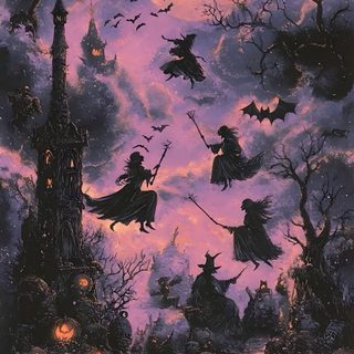 a painting of witches flying in the night sky over a castle with bats and pumpkins Vintage Halloween- Bobcats Castle Spooky Background Aesthetic, Halloween Violet, Halloween Dark Aesthetic, dark slate gray