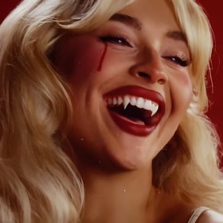 a woman with blood on her face and mouth is smiling for the camera while wearing a white dress Sabrina Carpenter Halloween Sabrina Tears, Sabrina Carpenter Tears, Sabrina Carpenter Tears Mv, saddle brown
