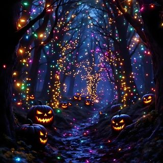 an image of halloween lights in the dark forest with trees and pumpkins on the ground Glow In The Dark Halloween black