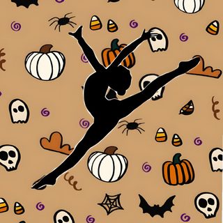 a woman is dancing in the air surrounded by pumpkins and skulls on a brown background Halloween Dance Halloween Dance, Gymnastics Iphone, Cute Gymnastics, Halloween Gymnastics, Gymnast, dark khaki