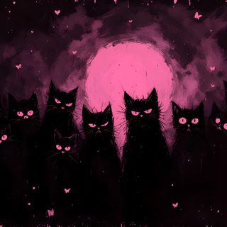 a group of black cats standing in front of a full moon with pink hearts on it Dark Pink Halloween Notion Cover Aesthetic High Quality, Alt Laptop, 2048 X 1152 Banner, black