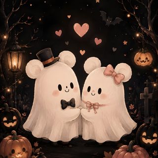 two white teddy bears dressed up in ghost costumes, surrounded by pumpkins and jack - o'- lanterns Halloween Love black