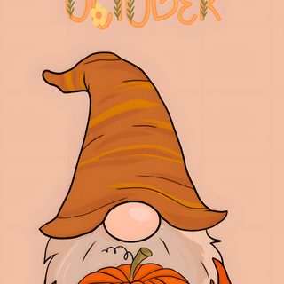 a cartoon gnome holding a pumpkin with the words hello october on it's side Halloween Hello October October Pictures To Draw, Cute October, Hello October Cartoon, October Cute, burlywood