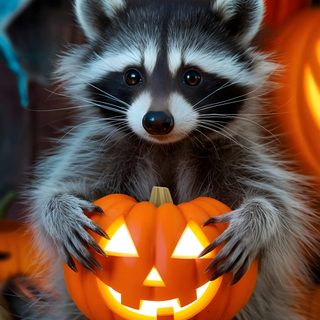 a raccoon holding a jack - o'- lantern in front of pumpkins Halloween Raccoon Halloween Raccoon Gif, Raccoons Eat Pumpkins, Halloween Animal Pictures, dark olive green