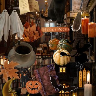 a collage of halloween items including candles, pumpkins and books with witches on them Vintage Halloween Collage Autumn Spooky Aesthetic, Aesthetic Halloween Tablet, Aesthetic Halloween, dark olive green