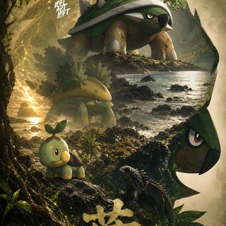 an advertisement for the movie tortoise, featuring two turtles and a turtle in front of Halloween Torterra dark slate gray