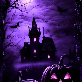 two jack o lantern pumpkins in front of a creepy house Dark Purple Halloween Dark Halloween, Halloween Realistic, Halloween Purple, Purple Halloween, black
