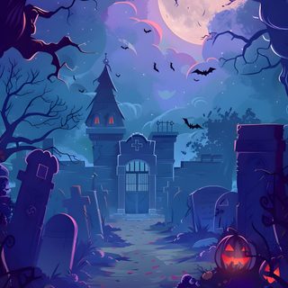 a creepy graveyard with pumpkins and bats Halloween Illustration Halloween Decoration Ideas, Halloween Night Illustration, Spooky Cemetery Art, dark slate blue