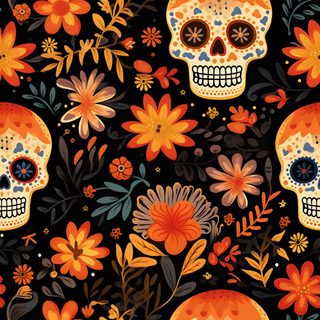 a colorful skull with flowers and leaves on a black background seamless wallpaper pattern Mexican Halloween Mexico Aesthetic, Mexican Halloween, Day Of The Dead Art, Mexican Skulls, black