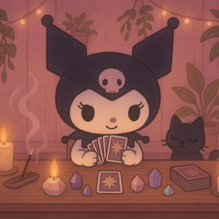 a table topped with candles and an animal figurine sitting on top of it Chromebook Kuromi Halloween Macbook Halloween, Sanrio Desktop, Kuromi Facebook Cover Photo, sienna