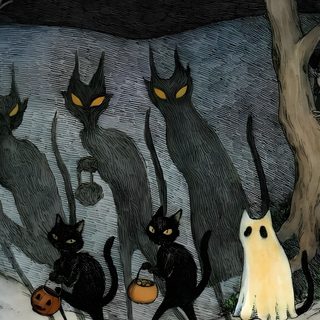three black cats are walking in the snow with pumpkins and jack - o'- lanterns Vintage Halloween Cat Halloween Aesthetic, Retro Halloween, Spooky Halloween, dark slate gray