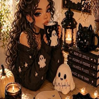 a woman sitting at a table holding a cup with candles in front of her and halloween decorations around her Halloween Girl Aesthetic Lock Screen Photo, Witchy, Butterfly, Cute Ghost, Screen Savers, saddle brown