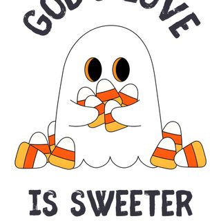 an image of a ghost with candy corn in it's mouth and the words god's love is sweeter than candy corn God Halloween Happy Halloween Christian, Christian Fall-o-ween Quotes, Love Wall Art, white