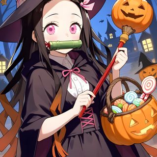 a girl dressed as a witch holding a pumpkin in her hand and wearing a hat Nezuko Kamado Halloween Alien Drawings, Anime Halloween, Demon King Anime, Anime Angel, dark slate gray