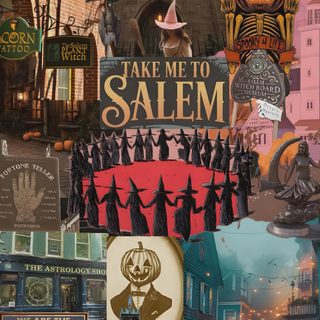a collage of halloween related items including posters, signs and pumpkins on display Salem Halloween Aesthetic dark olive green