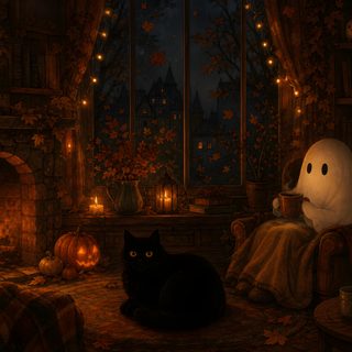 a black cat sitting in front of a fireplace next to a ghost and pumpkins Halloween Cat Desktop black