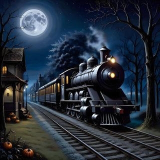 a painting of a train going down the tracks at night with full moon in background Halloween Train Old Steam Locomotive, Halloween Train Art, Train With Moonlit Background, dark slate gray
