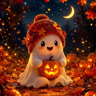 a little pumpkin sitting in the middle of a field with leaves and lights around it Cute Animated Halloween maroon