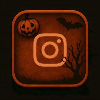 an instagram button with two pumpkins and bats on the side, in front of a dark background Halloween Icons Halloween App Icons, App Icon Halloween Aesthetic, Instagram Logo Halloween, black