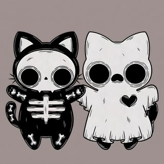 two cute little cats with skeleton bones on their backs, one is black and the other is white Kitty Skeleton Halloween Cats Nghệ Thuật Kinh Dị, Tatuagem De Gato, Halloween Drawings, rosy brown