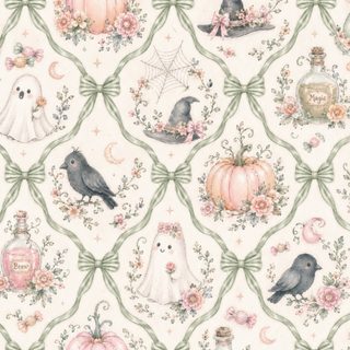 a wallpaper with halloween themed items and flowers on the back ground, all in pastel colors Halloween Floral Custom linen
