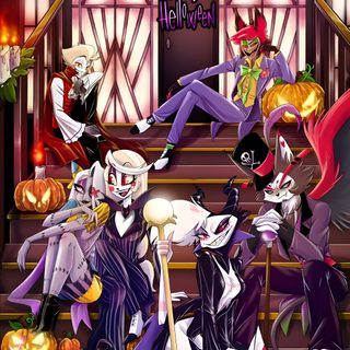 an image of some people dressed up as witches and clowns on the stairs with pumpkins Hazbin Hotel Halloween Hazbin Hotel And Helluva Boss Crossover Fanart, Hazbin Hotel Halloween Art, Halloween Hazbin Hotel, saddle brown