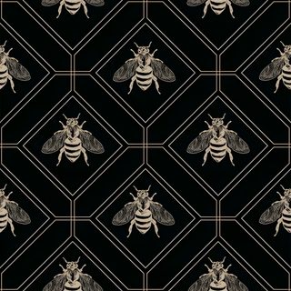 a black and white pattern with a bee on it's back, surrounded by smaller squares Halloween Bees Accent Ideas Bee Pattern Design, Black Bee, Mitchell Black Bee Peel And Stick,