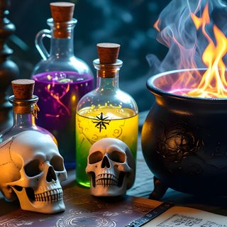 a table topped with bottles filled with liquid next to a candle and skull heads on top of a book Halloween Potion dark slate gray