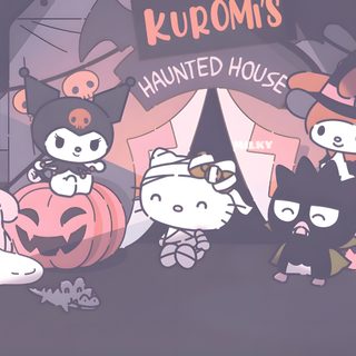 an animated halloween scene with pumpkins, ghost and other characters in front of a tent Sanrio Halloween Pastel Computar, Cute Sanrio Desktop, Halloween For Tablet, Halloween Aesthetic Ipad, gray