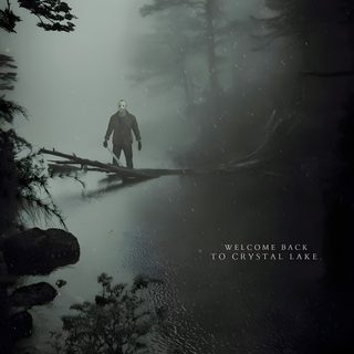 a movie poster with a man walking across a river in the woods on a foggy day Camp Crystal Lake Halloween Pohland Jason Movie Poster, Jason Movie Poster, Friday The 13th 2009, dark slate gray