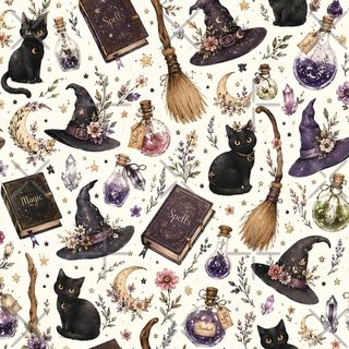 a watercolor halloween pattern with witches and books Halloween Fabric Cat Bones Witch And light gray