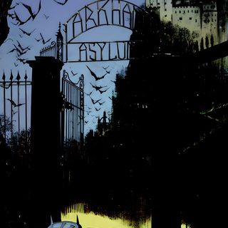 a car parked in front of a gate with bats flying over it and a castle on the other side Arkham Halloween Robin Comics, Black And Cream, Batman Comic, Detective Aesthetic, Dc Comics,