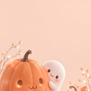 two small pumpkins sitting next to each other on a table with lights around them Halloween Cute Iphone Ghost Hug, Pumpkin, Fairy Lights Decor, Kawaii Halloween, Ghost Pumpkin, peach puff