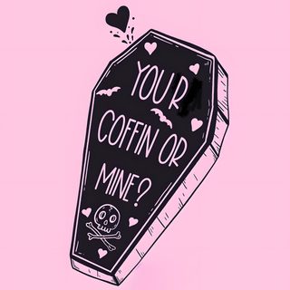 a black and white sign that says, your coffin or mine? with hearts flying out of it Cute Halloween Coffin Pink Coffin Tattoo, Valentines Horror, Goth Spooky Valentine, misty rose