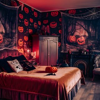 a bedroom decorated for halloween with pumpkins on the wall Halloween For Bedroom Bedroom, dark slate gray