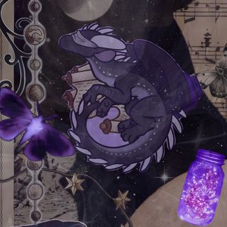 an altered collage with purple and black items on it's side, including a bottle Wings Of Fire Halloween Cute Wings Of Fire, Starflight, Starflight Wings Of Fire, dark slate gray