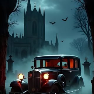 an old car parked in front of a castle at night with bats flying over it Halloween Car Ghost Car, Haunted Car Drawing, Haunted Cars, Haunted Mansion With Classic Cars, dark slate gray